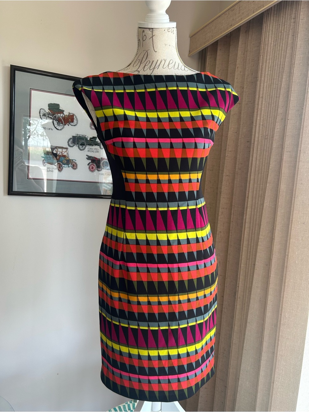 Black Geometric Sheath Dress with Pink and Yellow Stripes